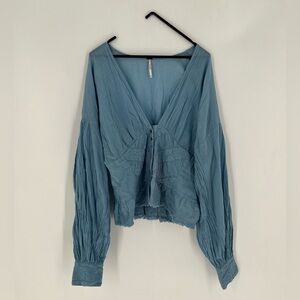 Free People True Color Corset Embroidered Lace Button Blouson Sleeve Blouse